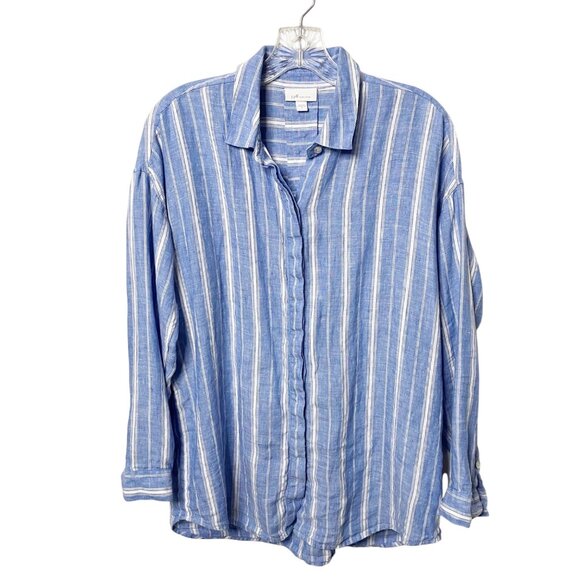 J. Jill Love Linen Blue White Stripe Button Front Shirt Blouse Tunic Womens Sz S - Picture 6 of 6